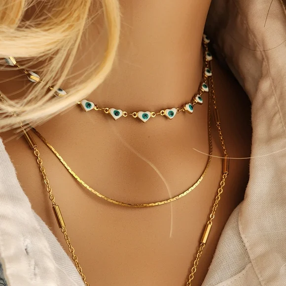 FP Designer Artisan Blue Evil Eye Gold Heart 14k Goldplated Choker Chain